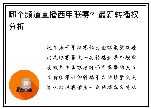 哪个频道直播西甲联赛？最新转播权分析