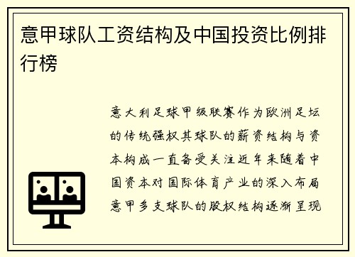 意甲球队工资结构及中国投资比例排行榜